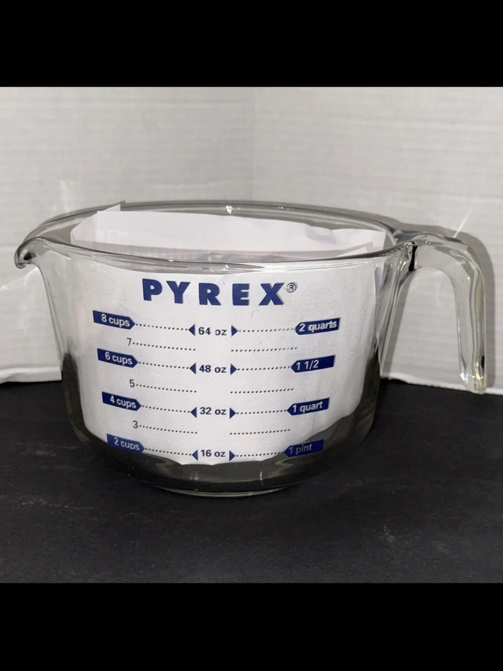 1980’s PYREX 8 Cup 2 Quart 64oz Glass Measuring Cup Blue Lettering Grocery USA